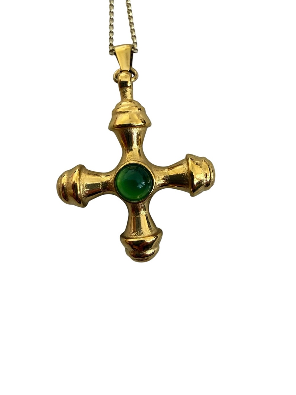 Gold Plated Green Cabochon Cross - Picture 3 of 5